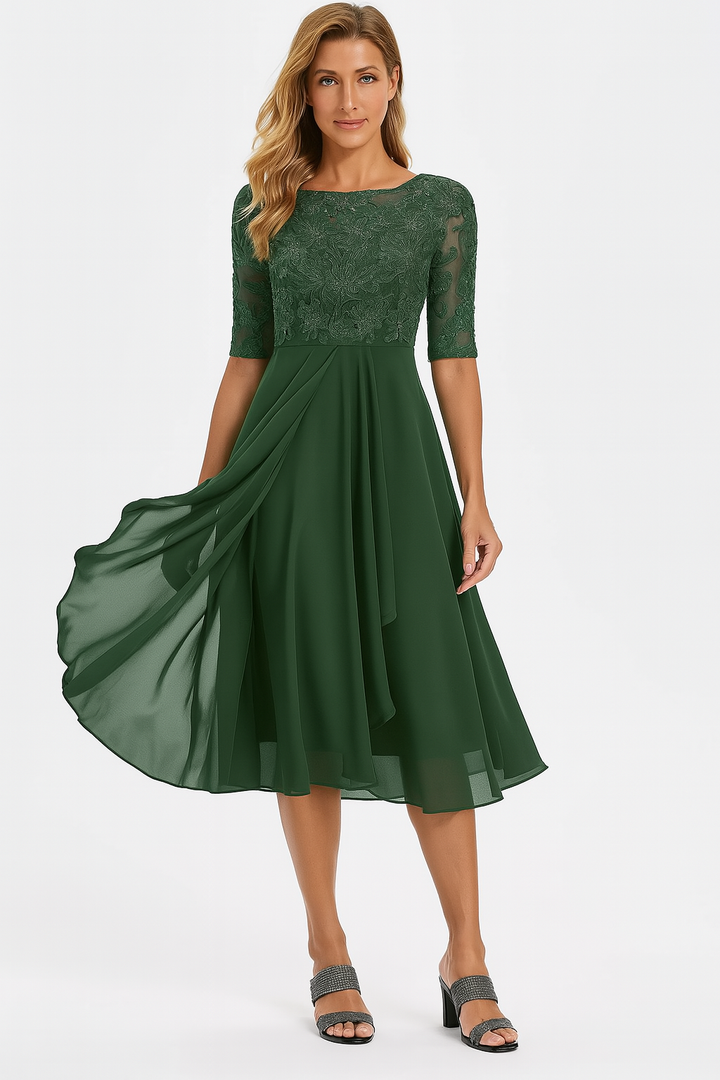 Vera Elegant Women's Dress – Lace & Chiffon Dress, A-Line, Knee-Length & Short Sleeves