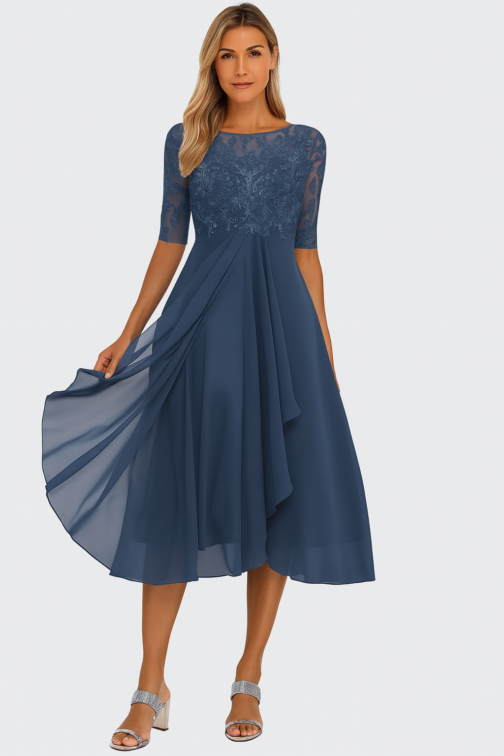 Vera Elegant Women's Dress – Lace & Chiffon Dress, A-Line, Knee-Length & Short Sleeves