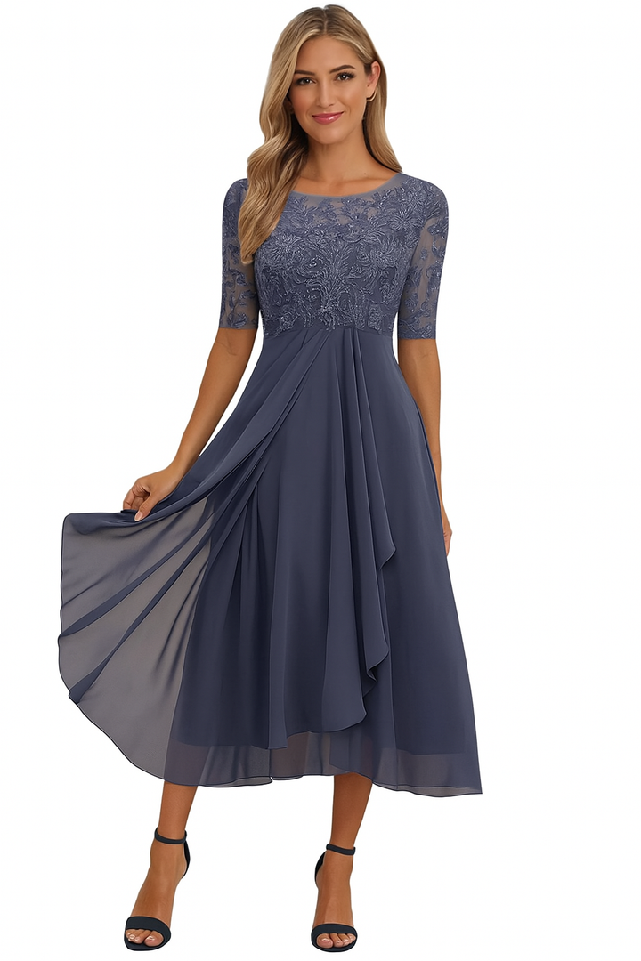 Vera Elegant Women's Dress – Lace & Chiffon Dress, A-Line, Knee-Length & Short Sleeves