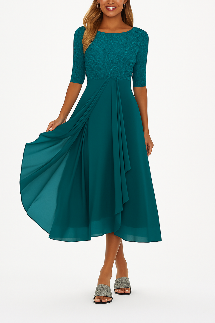 Vera Elegant Women's Dress – Lace & Chiffon Dress, A-Line, Knee-Length & Short Sleeves
