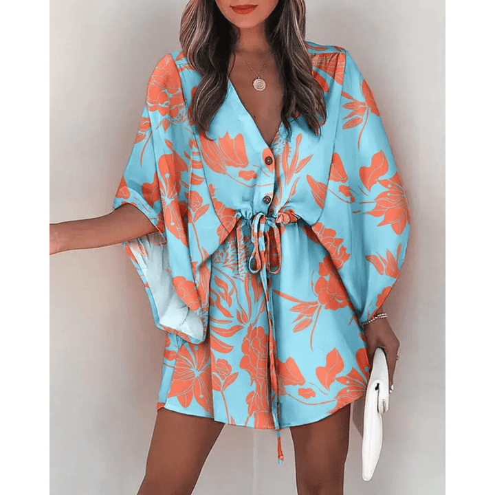 Cilla Floral Mini Bohemian Dress with Short Kimono Sleeves for Summer