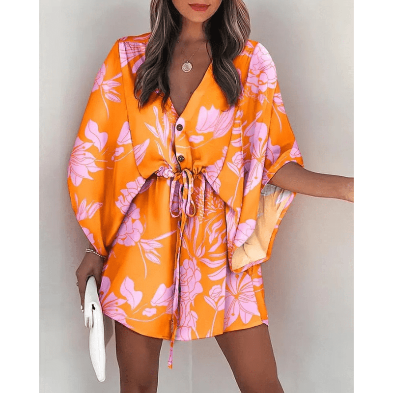Cilla Floral Mini Bohemian Dress with Short Kimono Sleeves for Summer