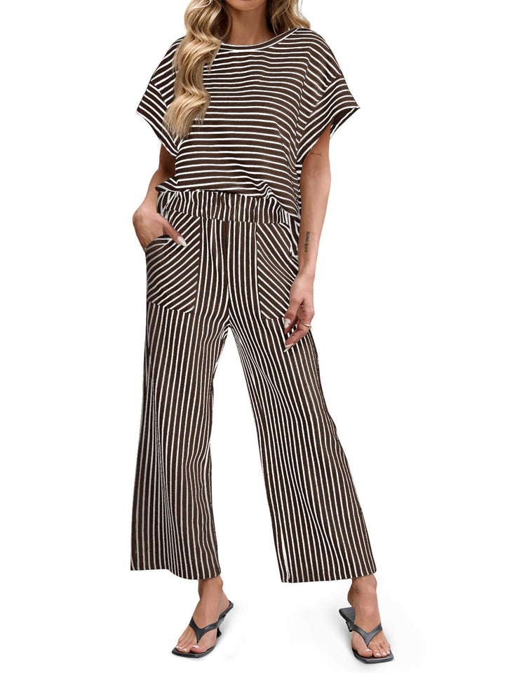 Bea | Two-Piece Striped Set Short Sleeve T-Shirt and Wide Pants