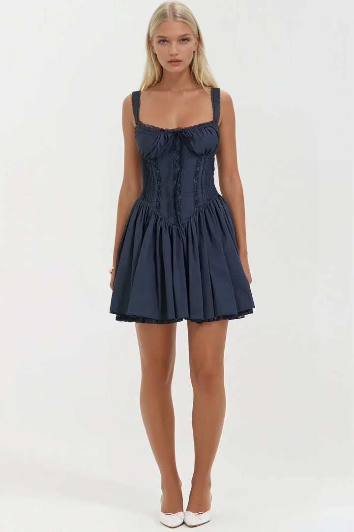 Syra Short Dress for Women – Satin Corset Dress with Flared Babydoll Skirt & Lace Finishes