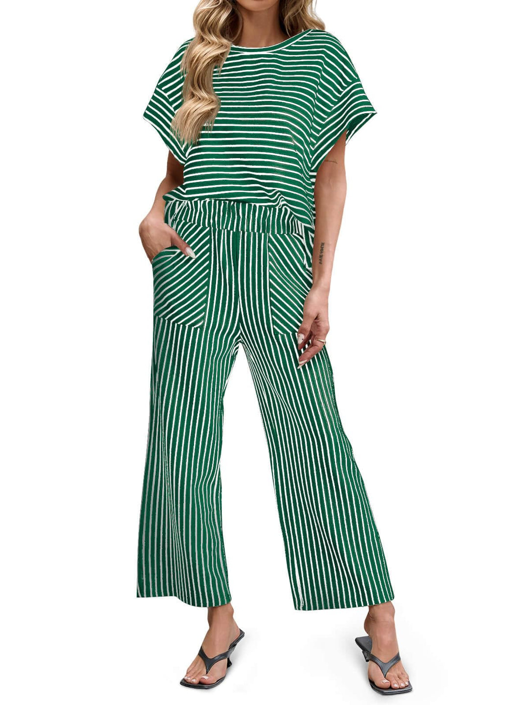 Bea | Two-Piece Striped Set Short Sleeve T-Shirt and Wide Pants