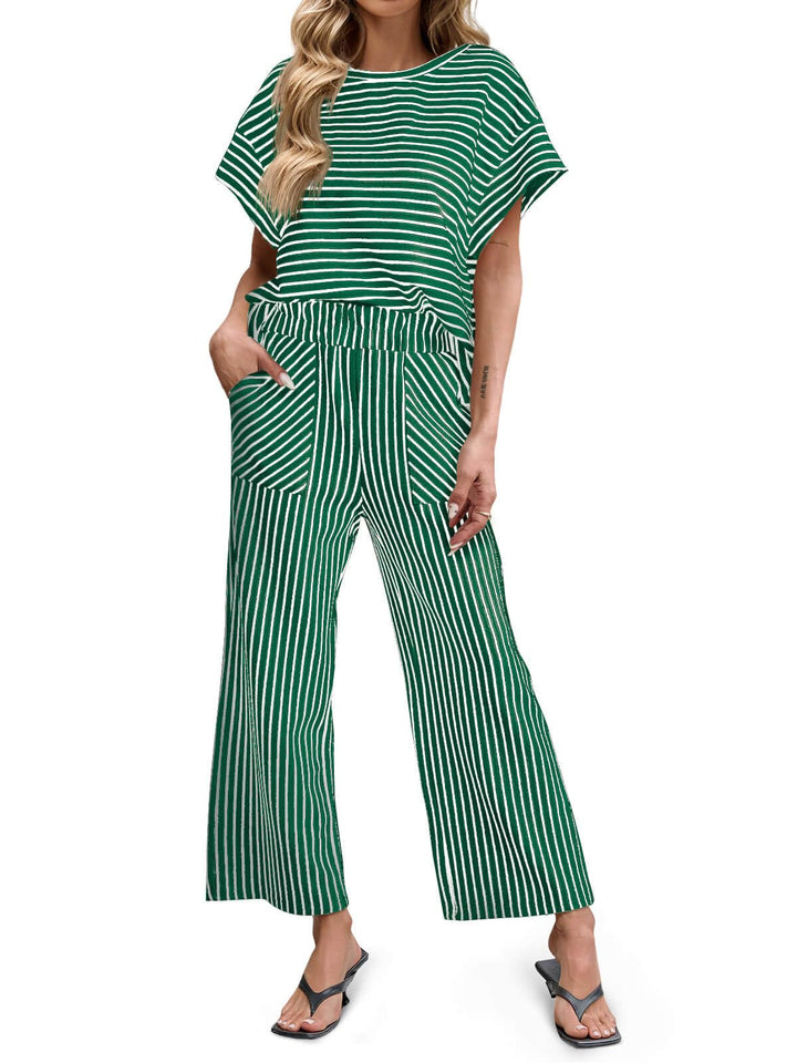 Bea | Two-Piece Striped Set Short Sleeve T-Shirt and Wide Pants