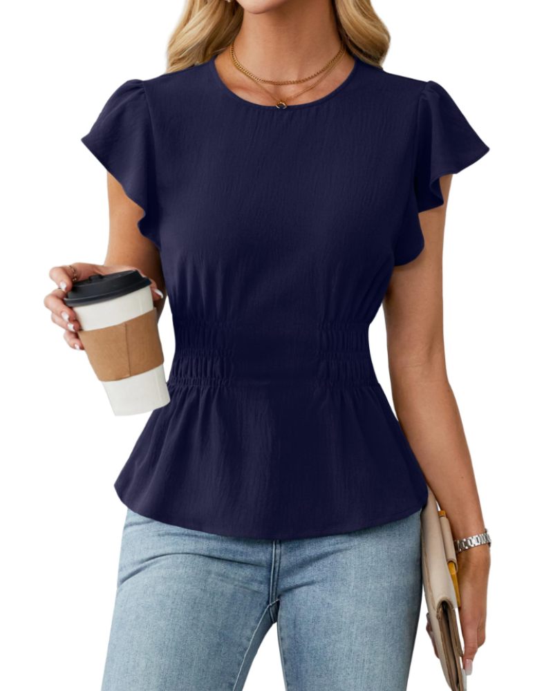 Divina Women's Blouse – Round Neck with Ruffled Sleeves, Smocked Waist & Business Casual Style