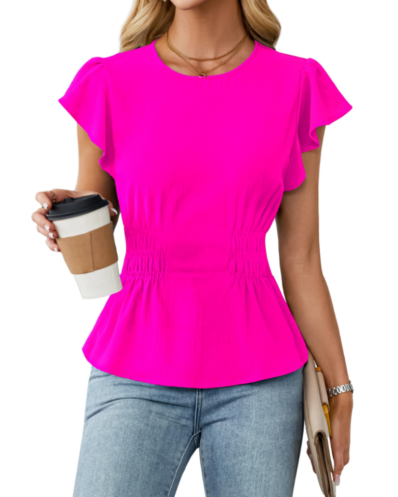 Divina Women's Blouse – Round Neck with Ruffled Sleeves, Smocked Waist & Business Casual Style