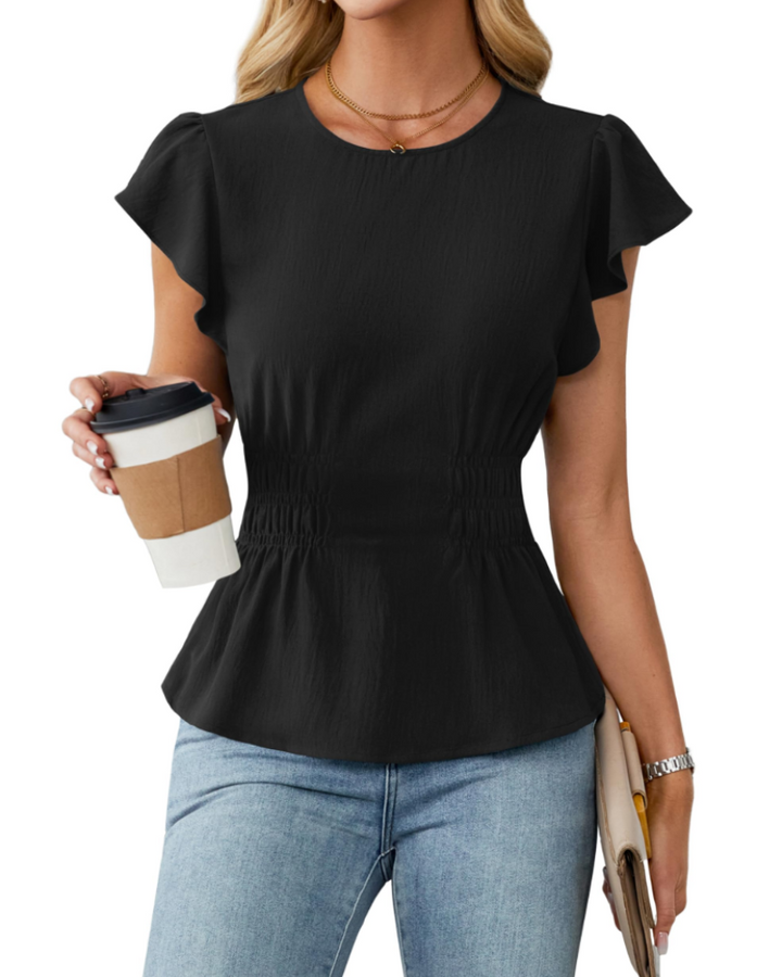 Divina Women's Blouse – Round Neck with Ruffled Sleeves, Smocked Waist & Business Casual Style