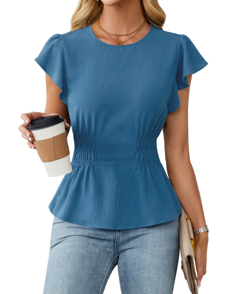Divina Women's Blouse – Round Neck with Ruffled Sleeves, Smocked Waist & Business Casual Style