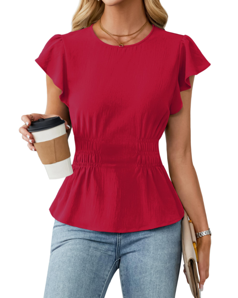 Divina Women's Blouse – Round Neck with Ruffled Sleeves, Smocked Waist & Business Casual Style