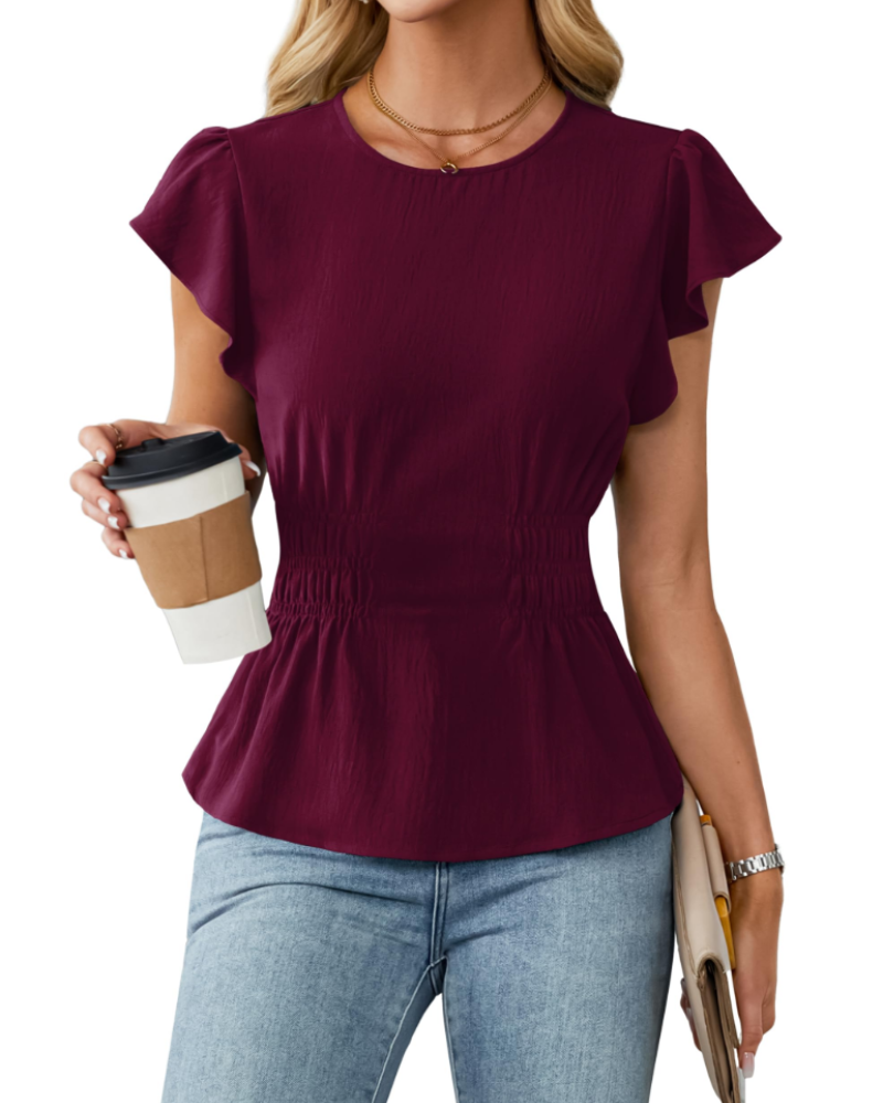 Divina Women's Blouse – Round Neck with Ruffled Sleeves, Smocked Waist & Business Casual Style