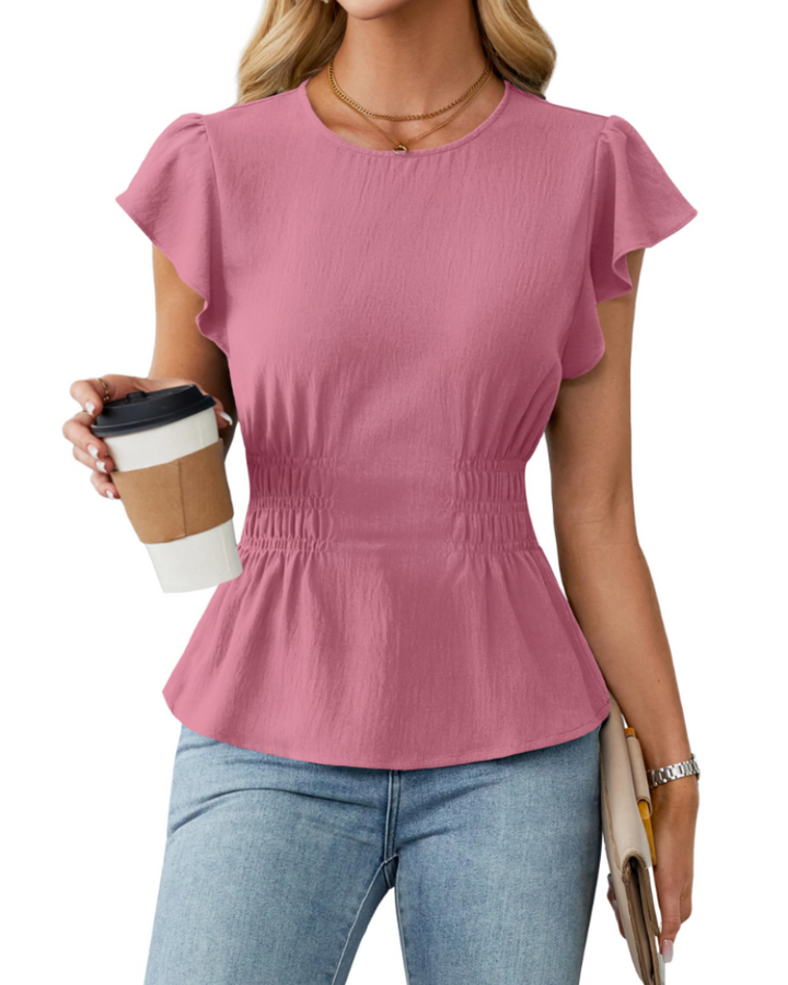 Divina Women's Blouse – Round Neck with Ruffled Sleeves, Smocked Waist & Business Casual Style