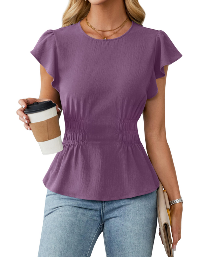 Divina Women's Blouse – Round Neck with Ruffled Sleeves, Smocked Waist & Business Casual Style