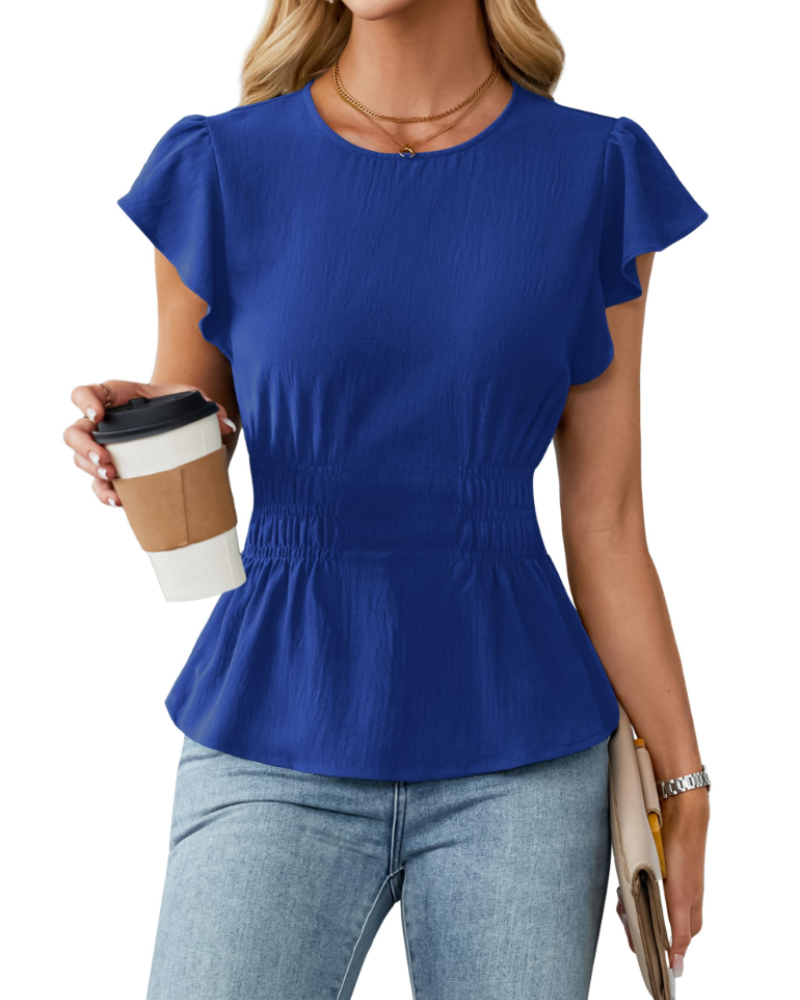 Divina Women's Blouse – Round Neck with Ruffled Sleeves, Smocked Waist & Business Casual Style
