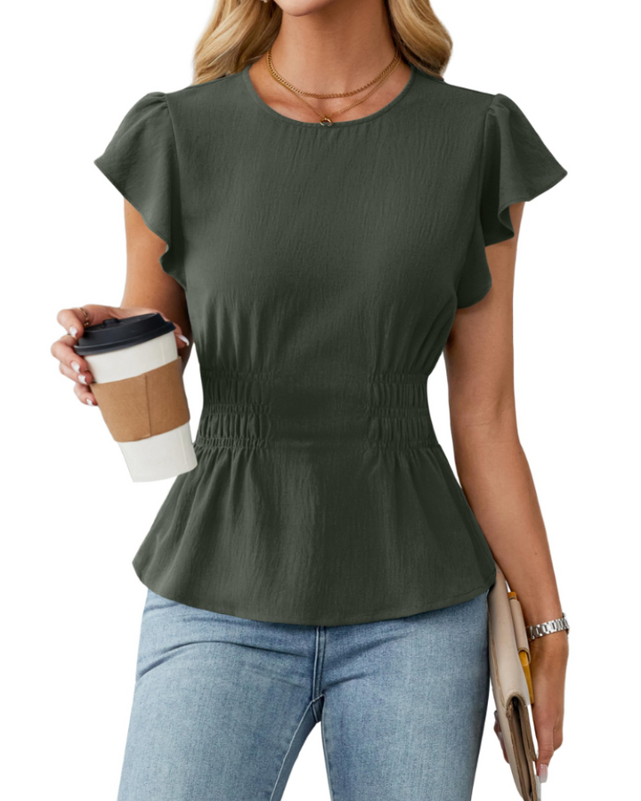Divina Women's Blouse – Round Neck with Ruffled Sleeves, Smocked Waist & Business Casual Style