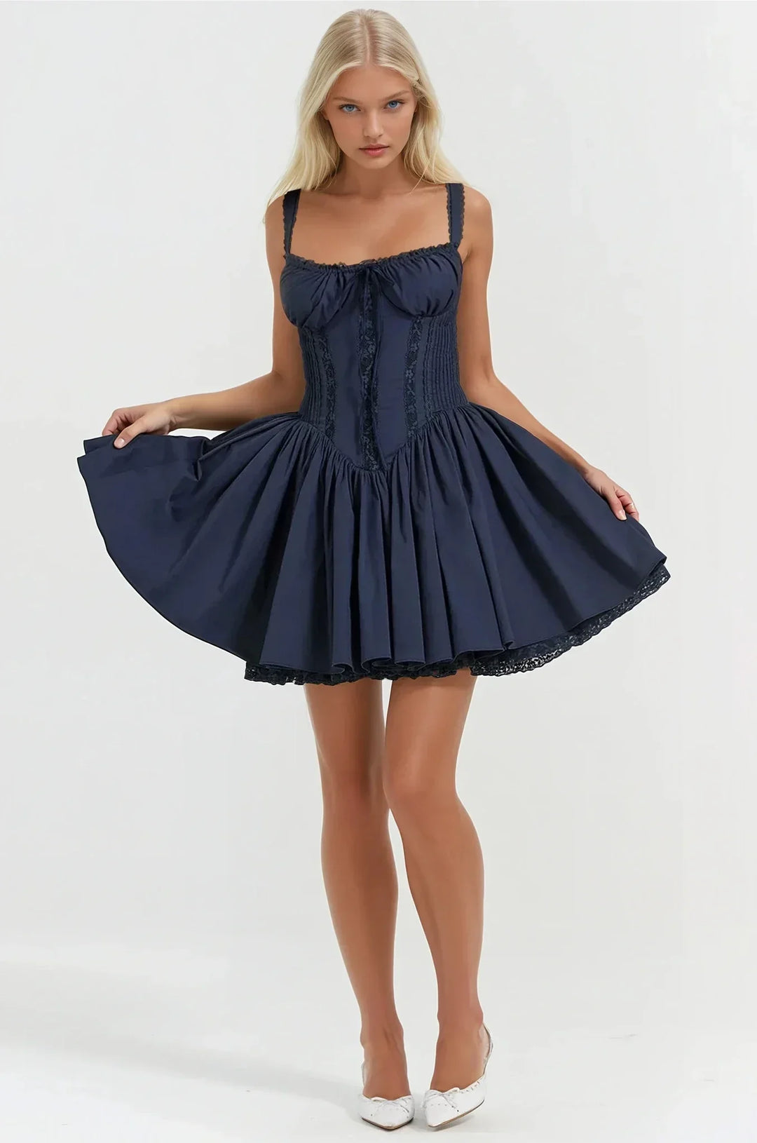 Syra Short Dress for Women – Satin Corset Dress with Flared Babydoll Skirt & Lace Finishes