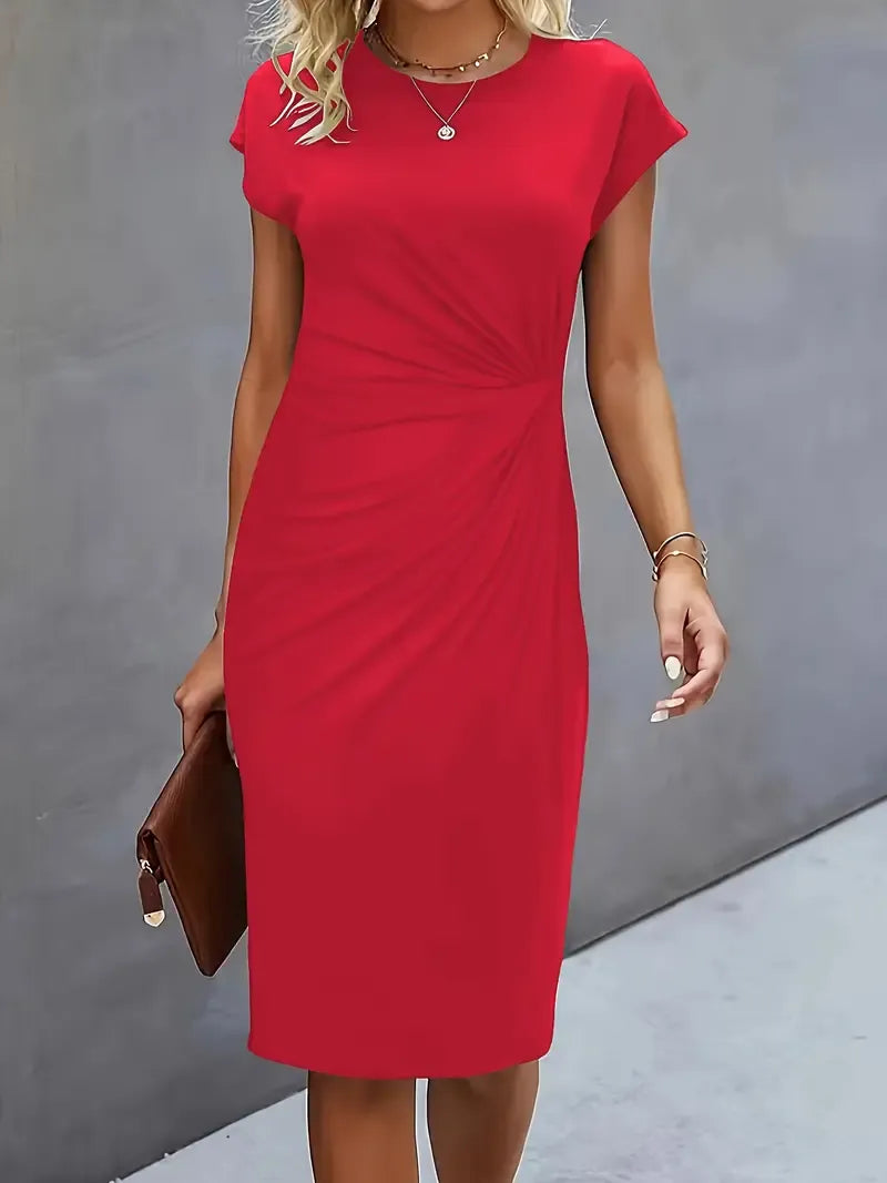 Amyrose Midi Dress for Women – Elegant Fitted Dress with Round Neck & Tailored Cut for Office or Evening