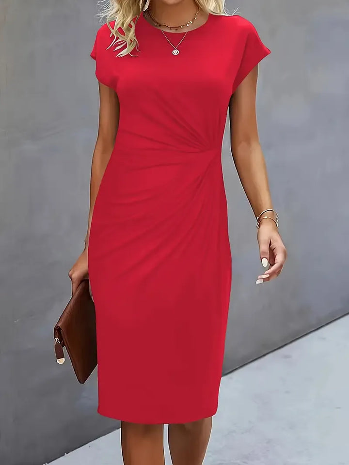 Amyrose Midi Dress for Women – Elegant Fitted Dress with Round Neck & Tailored Cut for Office or Evening