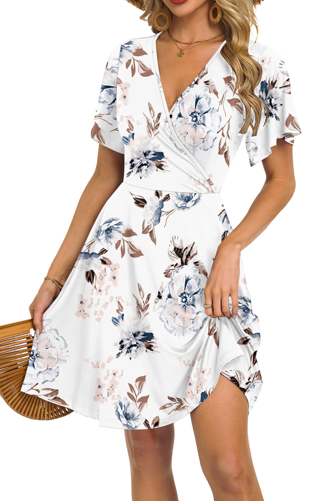 Mariselle Women's Dress – Wrap V-Neck Floral, Empire Waist & A-Line Cut Summer
