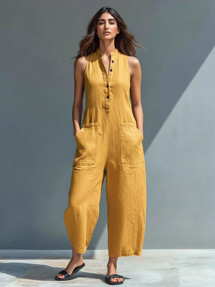 Lea | Minimalist Linen Sleeveless Jumpsuit with High Collar