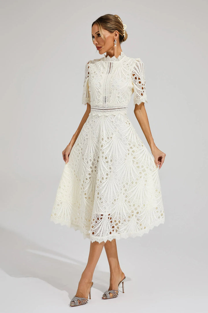 Giada Midi Lace Dress – Cut-Out Detail and Short Sleeves for an Elegant Look