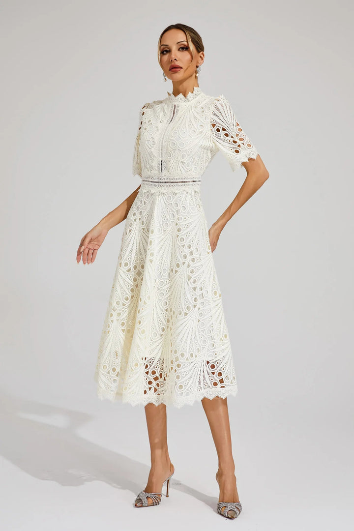 Giada Midi Lace Dress – Cut-Out Detail and Short Sleeves for an Elegant Look
