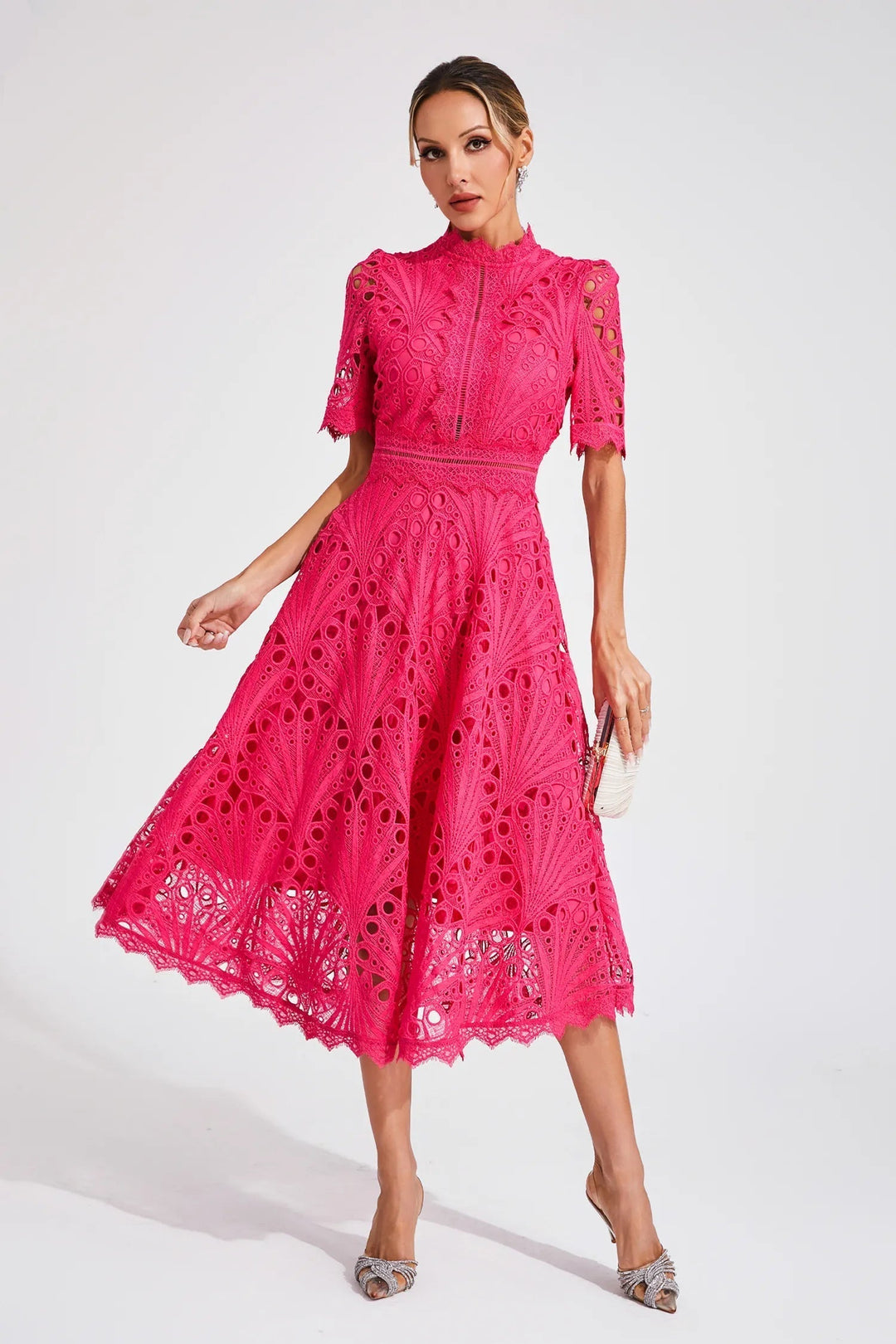 Giada Midi Lace Dress – Cut-Out Detail and Short Sleeves for an Elegant Look