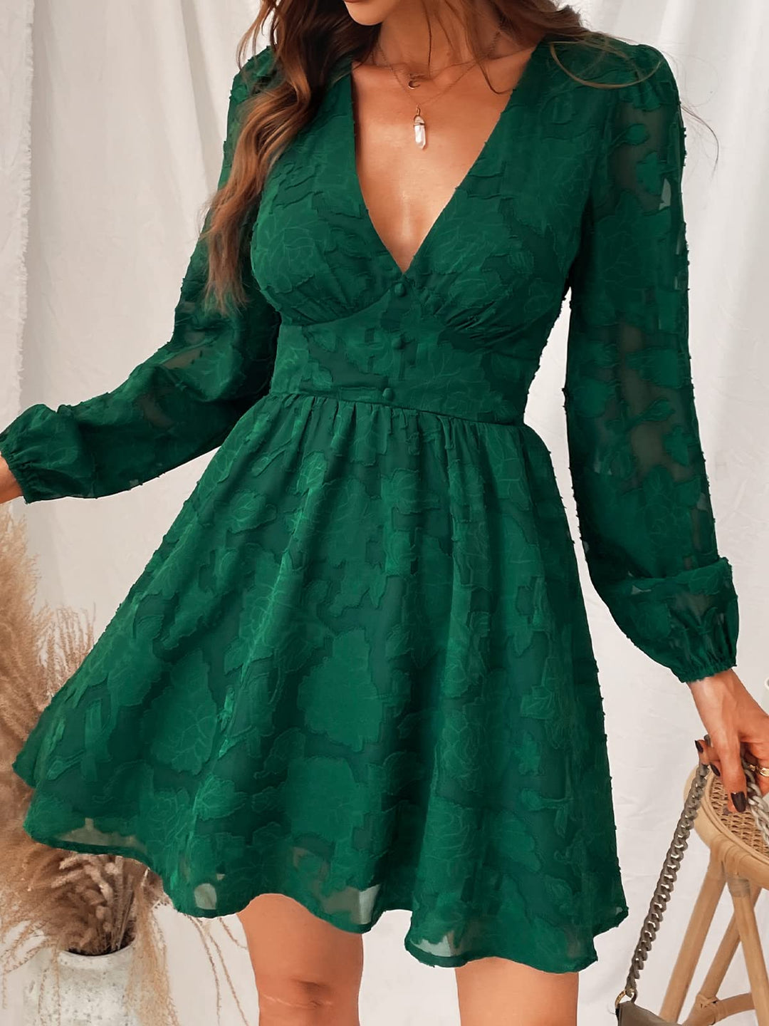 Virelle Dress Cupshe Women – Floral Lace V-Neck, Long Sleeves & Elegant A-Line Cut