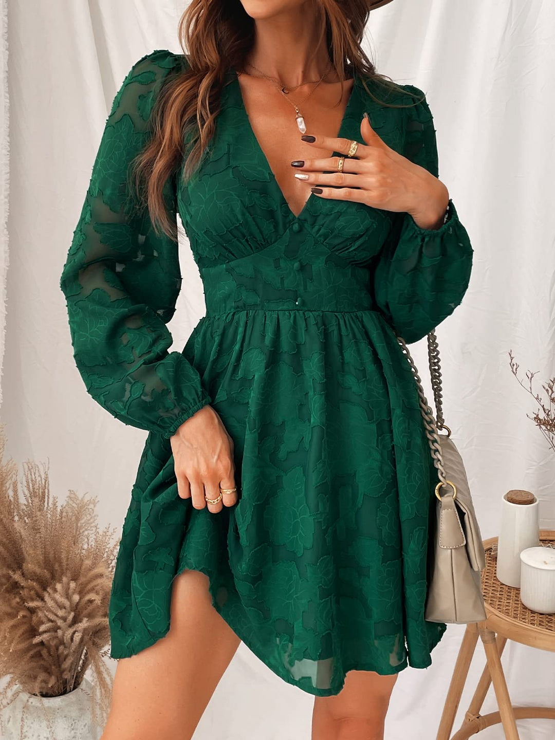 Virelle Dress Cupshe Women – Floral Lace V-Neck, Long Sleeves & Elegant A-Line Cut