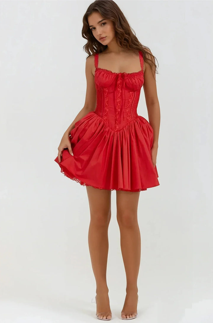 Syra Short Dress for Women – Satin Corset Dress with Flared Babydoll Skirt & Lace Finishes