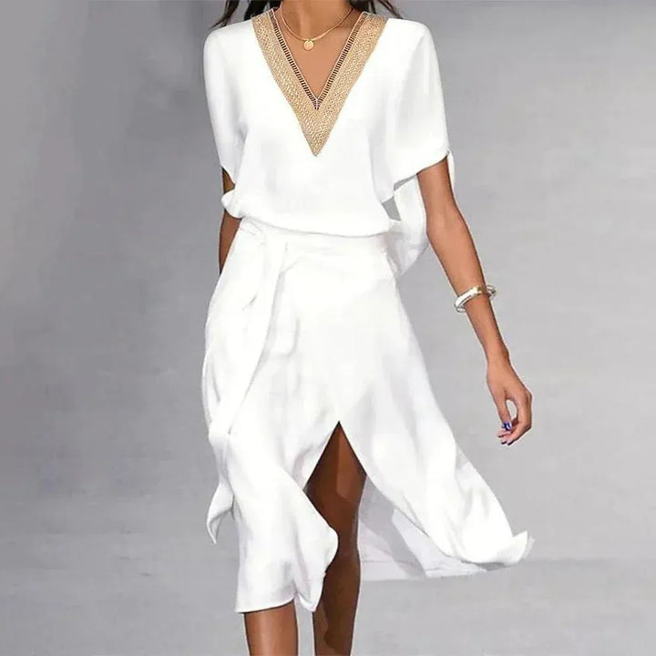 Beverly Midi Dress for Women – White V-Neck Dress with Straight Cut for Casual or Formal Look