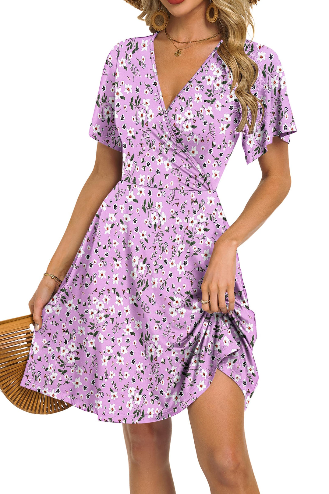 Mariselle Women's Dress – Wrap V-Neck Floral, Empire Waist & A-Line Cut Summer