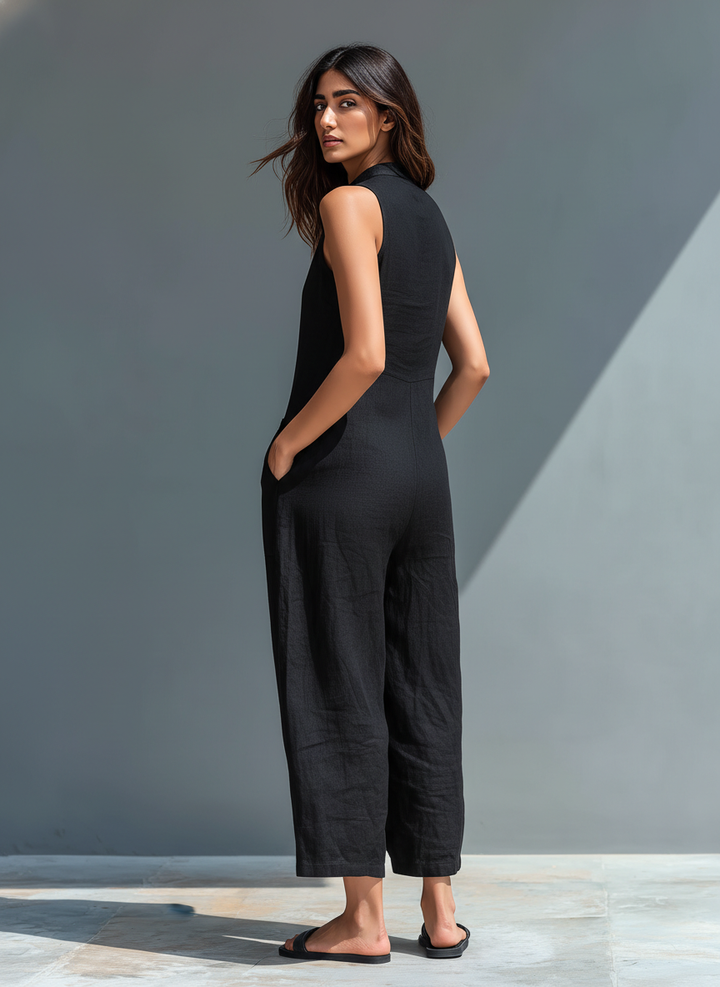 Lea | Minimalist Linen Sleeveless Jumpsuit with High Collar