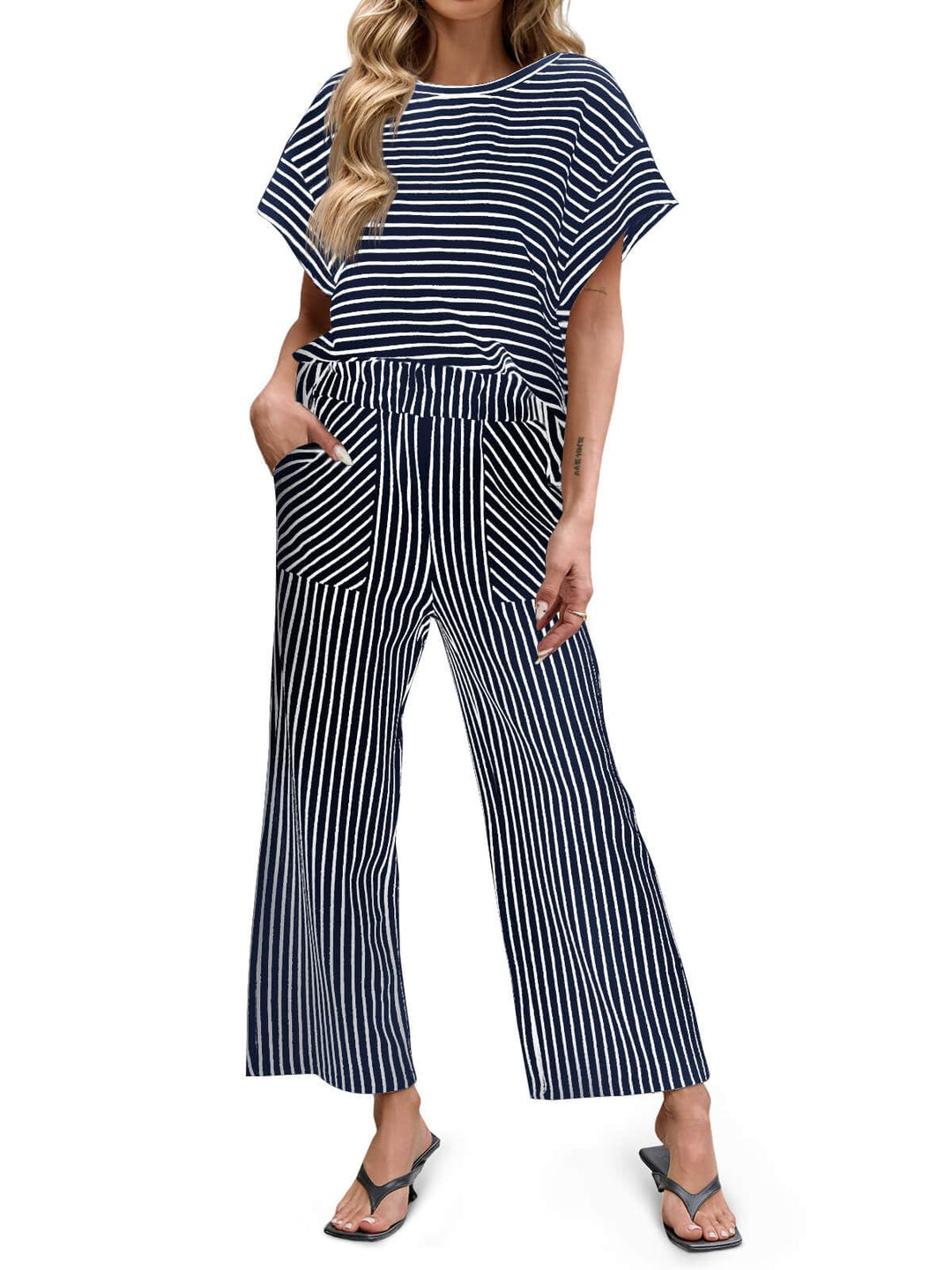 Bea | Two-Piece Striped Set Short Sleeve T-Shirt and Wide Pants