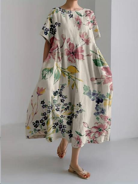 Sareno Midi Dress for Women – Lightweight Floral Dress with Round Neck & Comfortable Fit