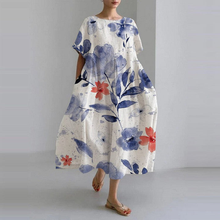 Sareno Midi Dress for Women – Lightweight Floral Dress with Round Neck & Comfortable Fit