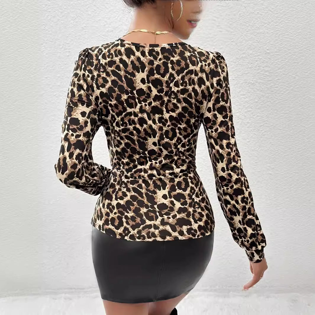 Leilani Blouse for Women – Knitted Top with Leopard Print and Lace Details & Elegant Fitted Cut