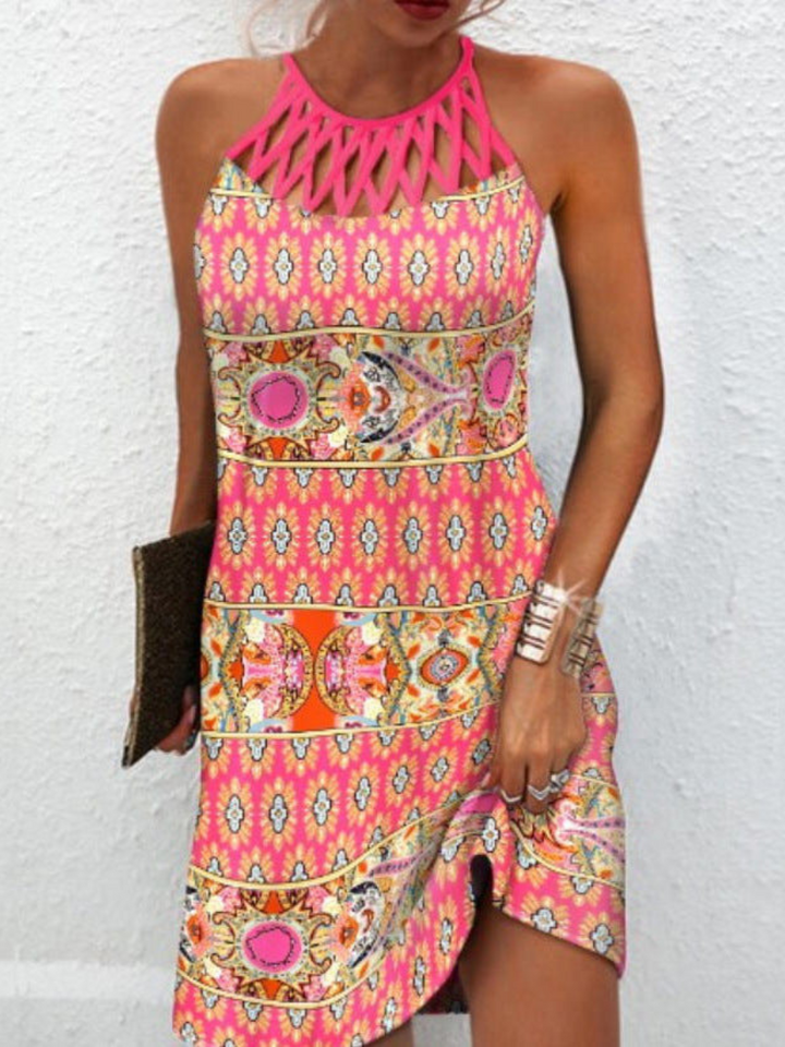 Emily Summer Dress for Women – Tropical Print Halter Dress with Flowing Cut for Beach & Brunch