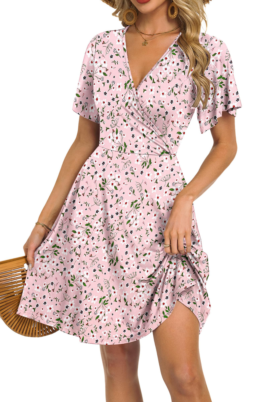 Mariselle Women's Dress – Wrap V-Neck Floral, Empire Waist & A-Line Cut Summer