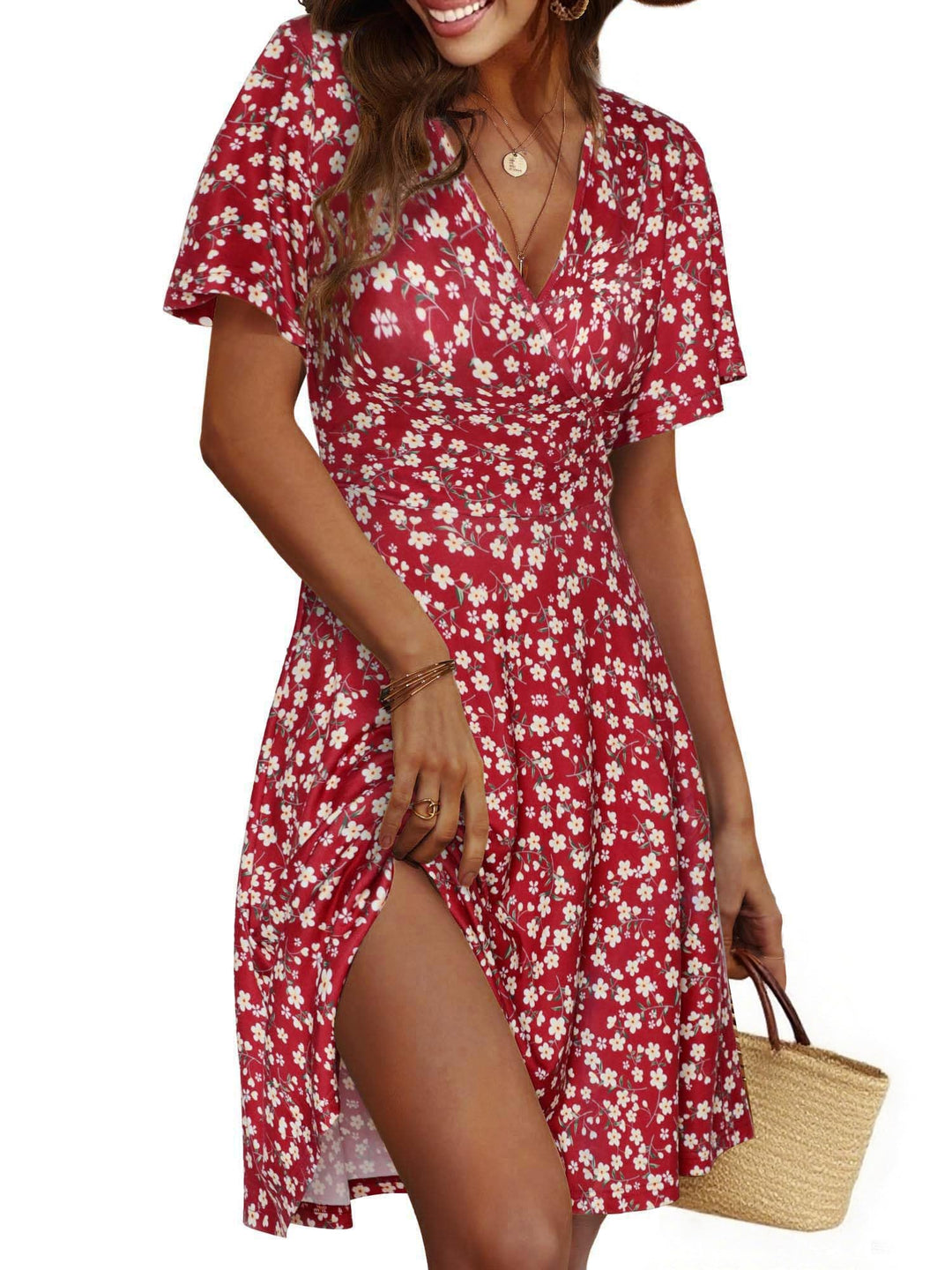 Petalina Women's Midi Dress – Floral Wrap V-Neck, A-Line Cut & Short Sleeves for Summer