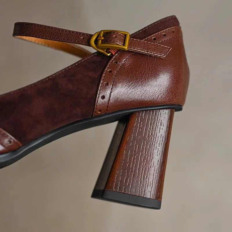 Constance | Women's Square Toe Block Heel Pumps Ankle Strap Brogue