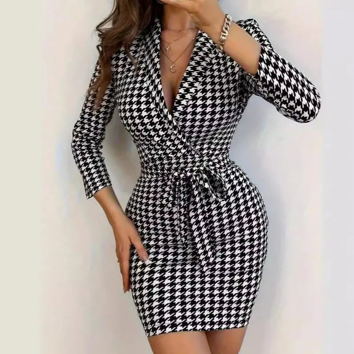 Olivia Women's Dress – Sleeveless Wrap Dress with Houndstooth Pattern and Flattering Fitted Cut