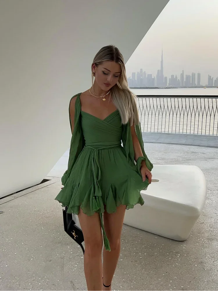Jasmine Mini Dress for Women – Sexy Green Pleated Dress with Long Sleeves & V-Neck