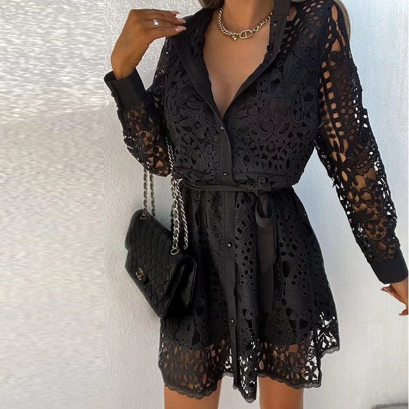 Dionne Lace Dress for Women – Elegant Long Sleeve Dress with V-Neck