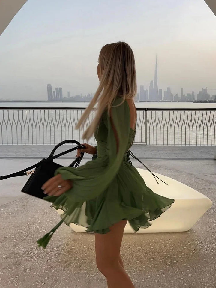 Jasmine Mini Dress for Women – Sexy Green Pleated Dress with Long Sleeves & V-Neck