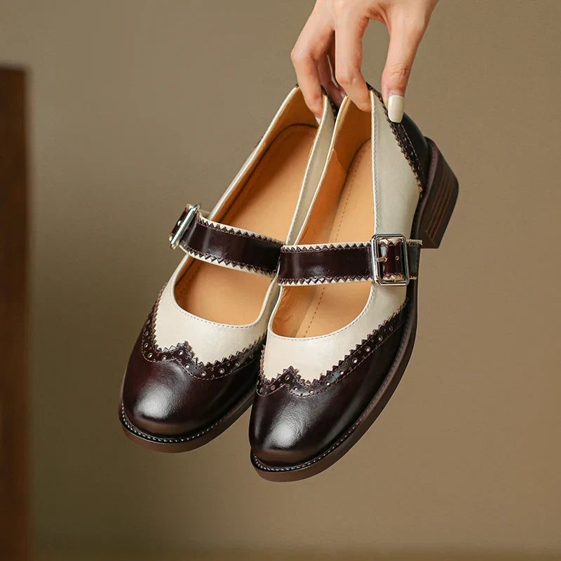 Harlow | Women's Two-Tone Leather Mary Jane Shoes Brogue T-Strap