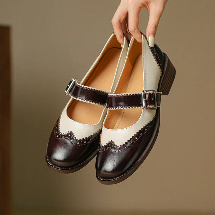 Harlow | Women's Two-Tone Leather Mary Jane Shoes Brogue T-Strap