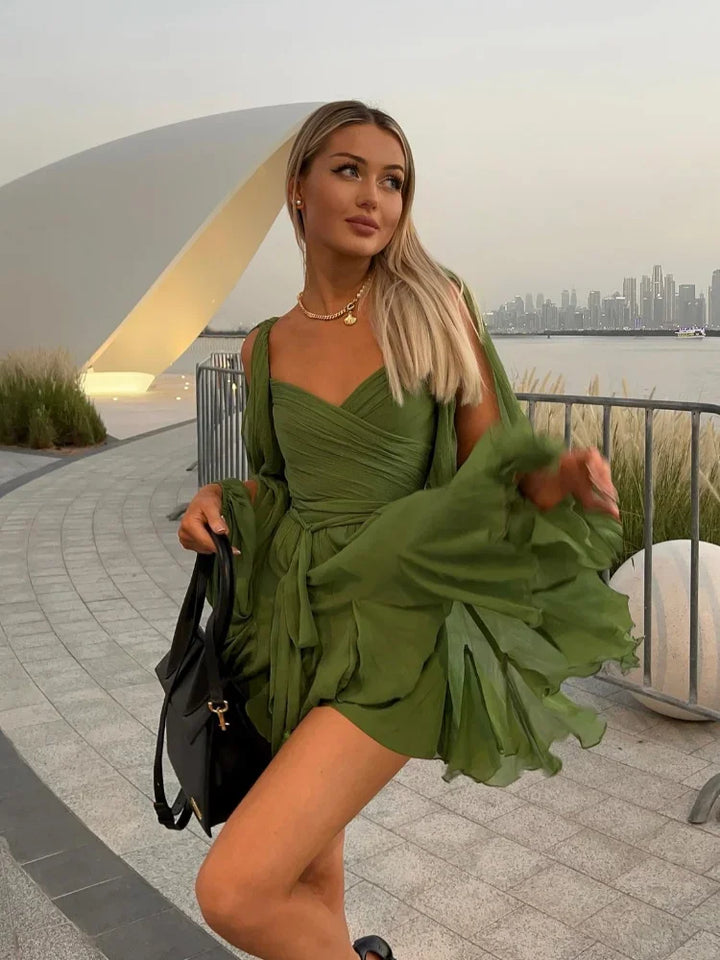 Jasmine Mini Dress for Women – Sexy Green Pleated Dress with Long Sleeves & V-Neck