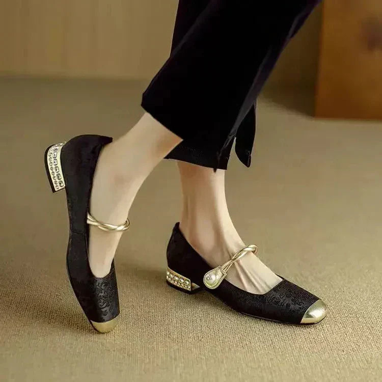 Celeste | Women's Pearl Strap Mary Jane Shoes Glitter Block Heel